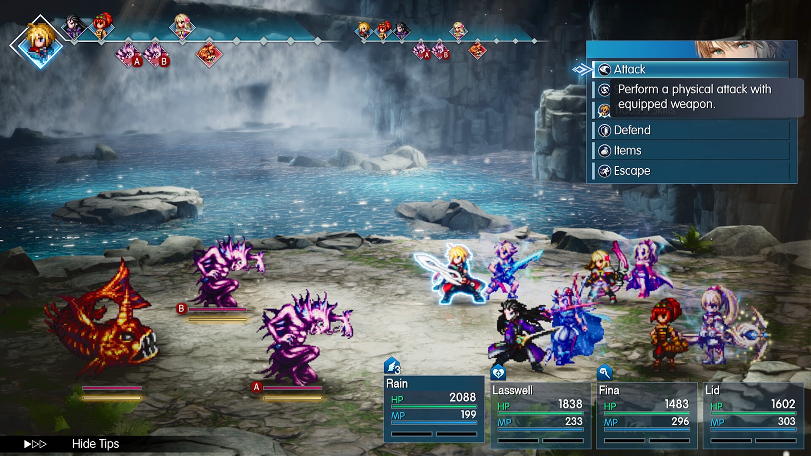 Four heroes in battle on a rocky shore